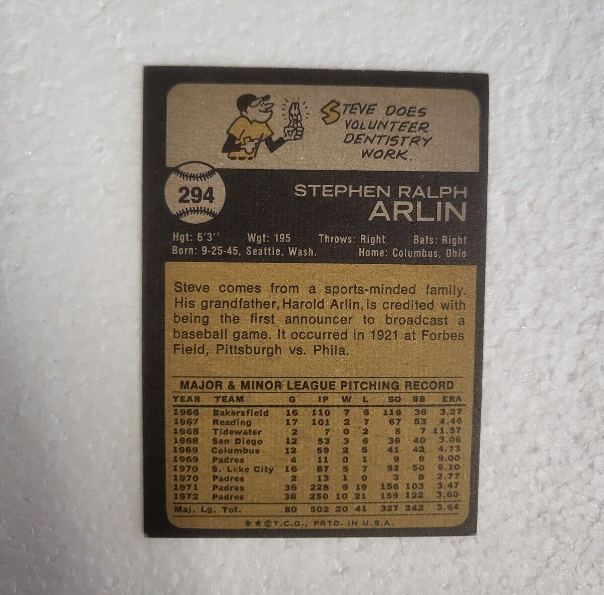 1973 TOPPS STEVE ARLIN SAN DIEGO PADRES SIGNED AUTO CARD #294 W/COA