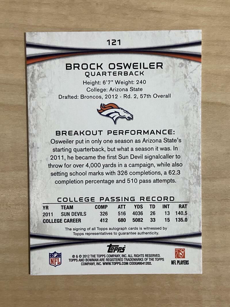 BROCK OSWEILER DENVER BRONCOS SIGNED AUTOGRAPHED 2012 BOWMAN CARD #121 W/COA