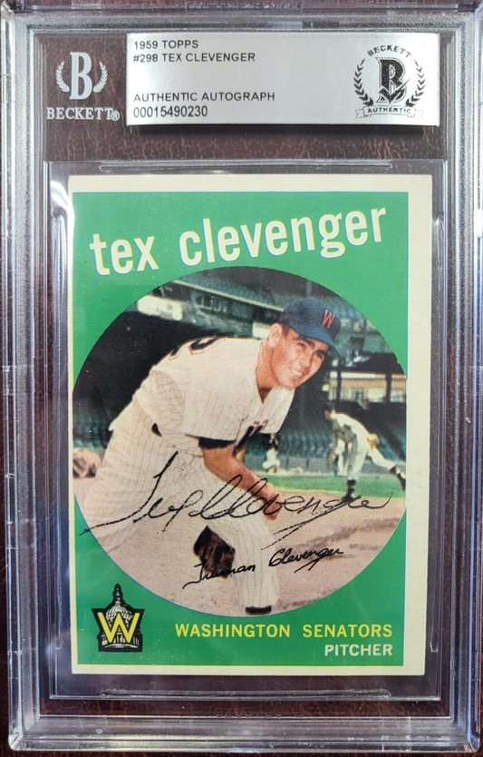 1959 TOPPS TEX CLEVENGER SENATORS SIGNED AUTOGRAPH #298 CARD BECKETT AUTHENTIC