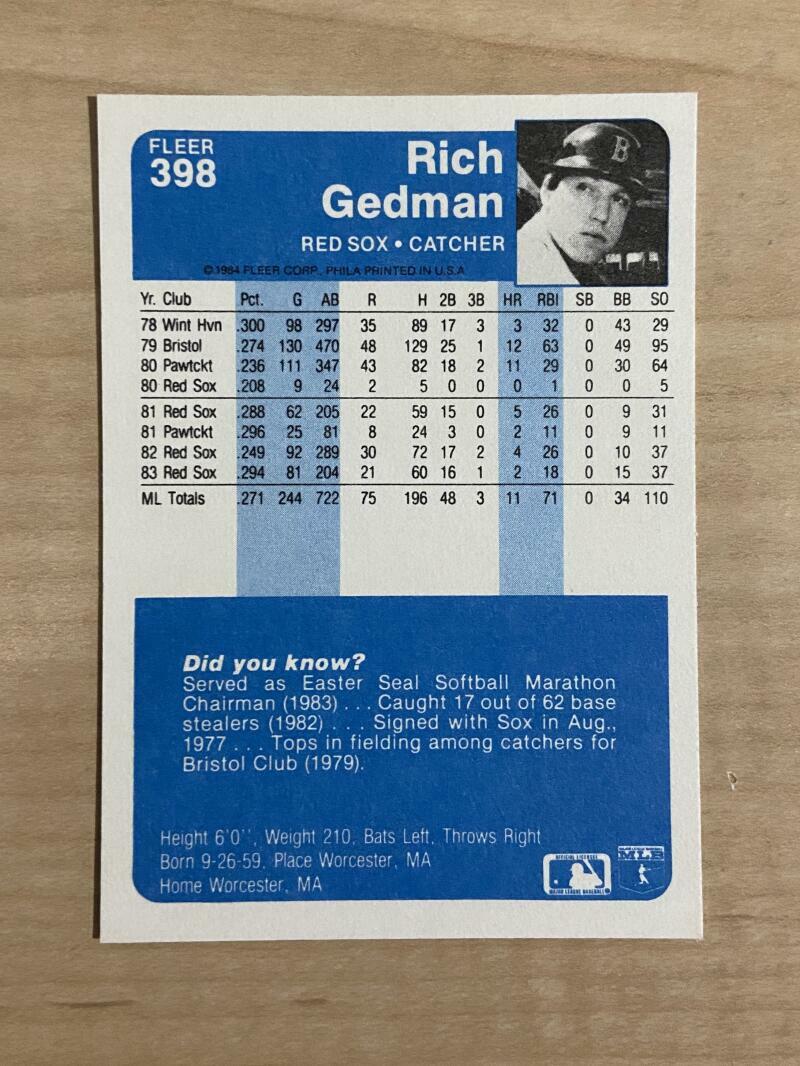 RICH GEDMAN BOSTON RED SOX SIGNED AUTOGRAPHED 1984 FLEER CARD #398 W/COA