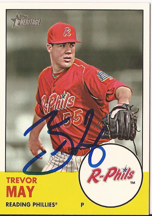 TREVOR MAY PHILLIES SIGNED AUTOGRAPHED 2012 TOPPS HERITAGE #149 RC CARD W/COA 