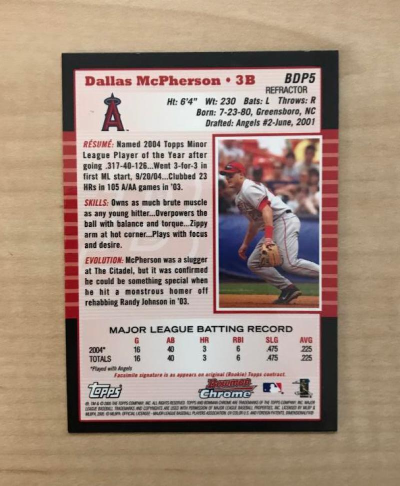DALLAS MCPHERSON LOS ANGELES ANGELS SIGNED 2005 BOWMAN CHROME CARD #BDP5 W/COA