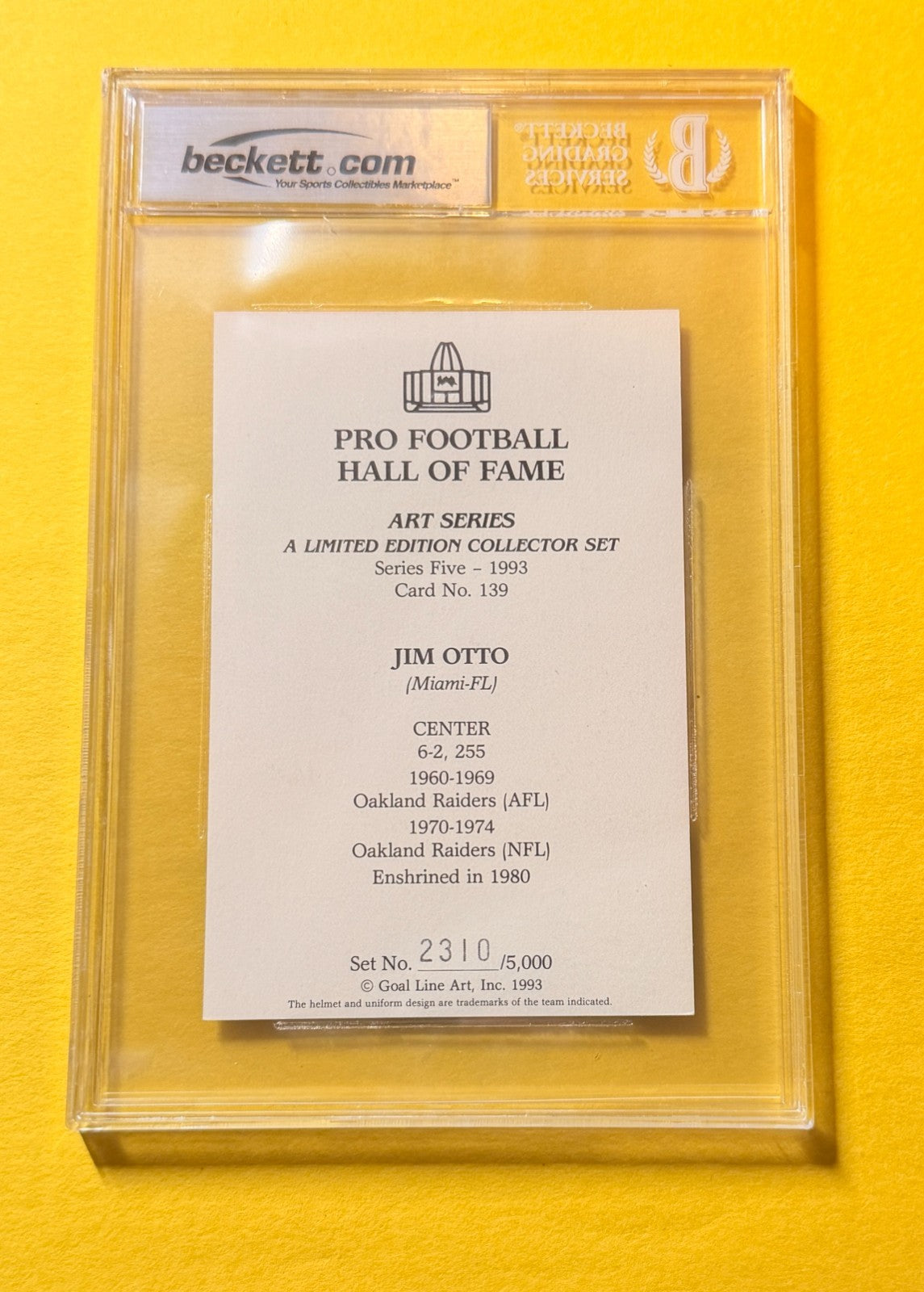 1989 GOAL LINE HOF JIM OTTO #139 SIGNED ART BECKETT AUTHENTIC 10 "HOF 80"