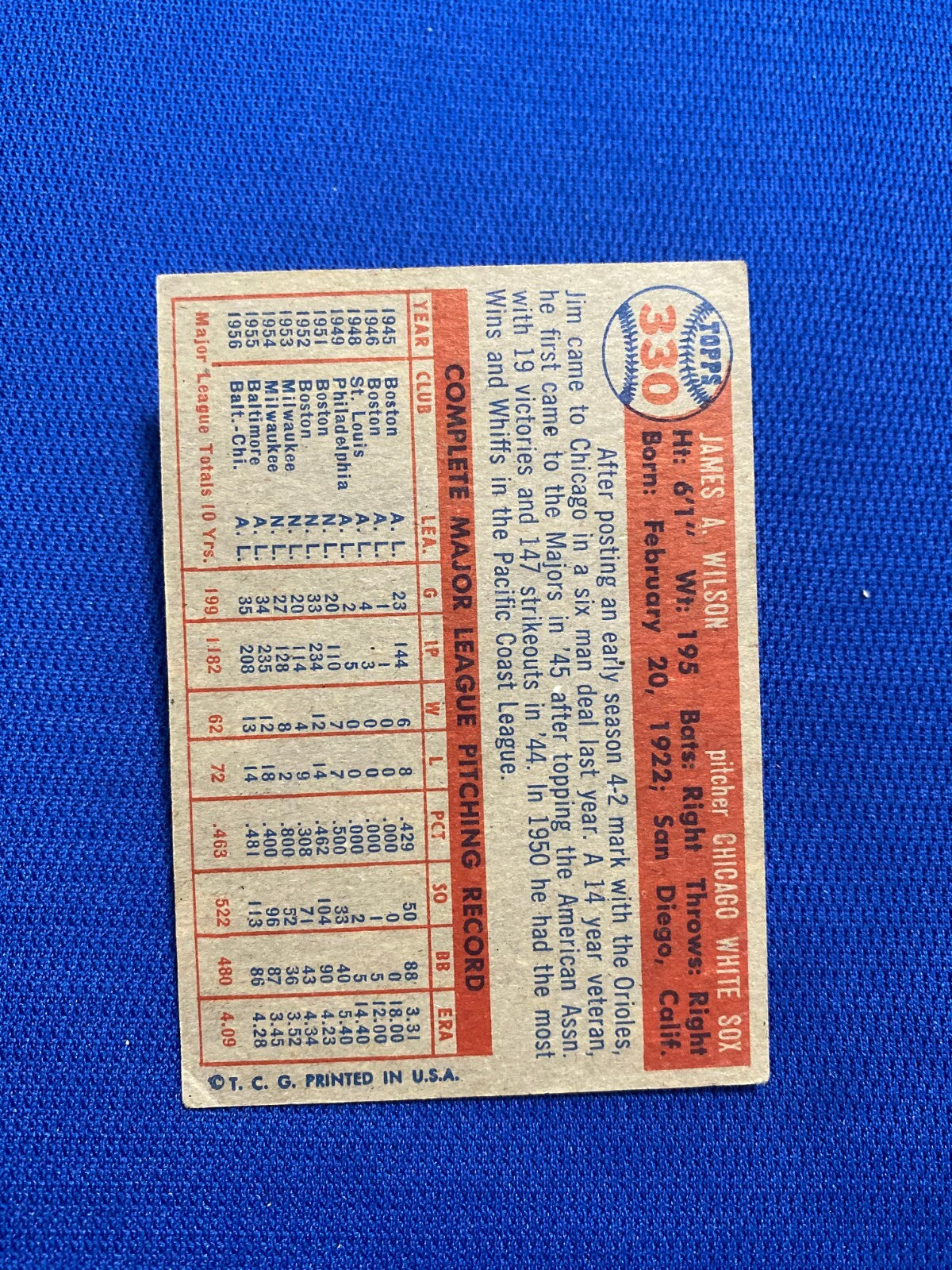 1957 TOPPS JIM WILSON CHICAGO WHITE SOX #330 CARD VINTAGE SET-BREAK