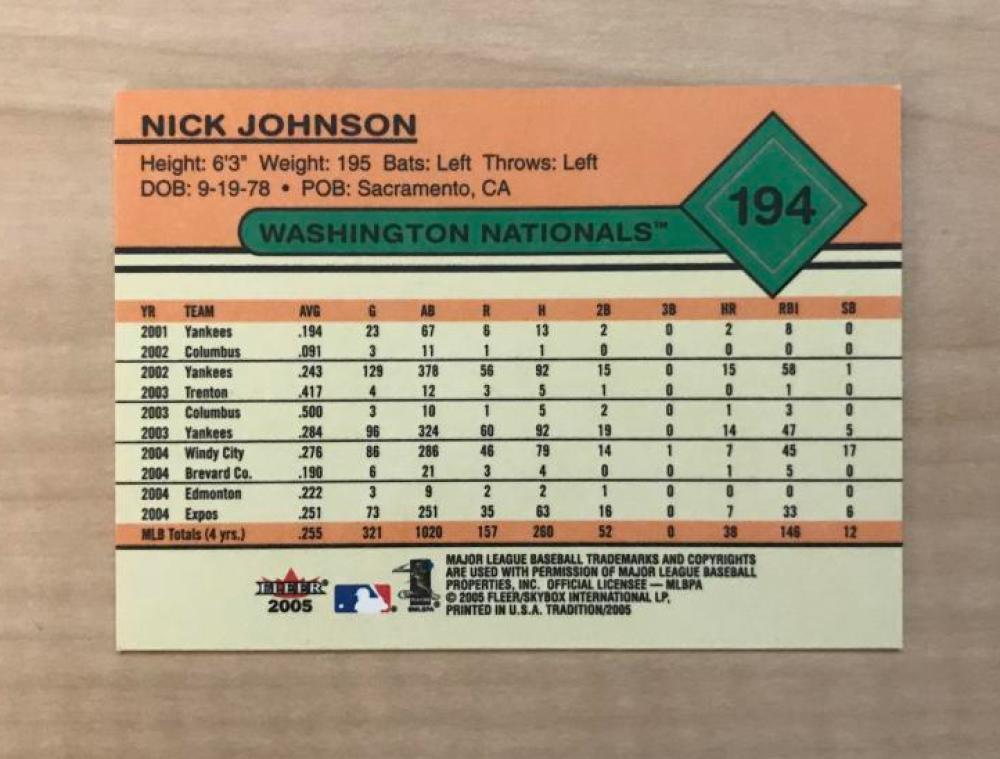 NICK JOHNSON WASHINGTON NATIONALS SIGNED AUTOGRAPHED 2005 FLEER CARD #194 W/COA