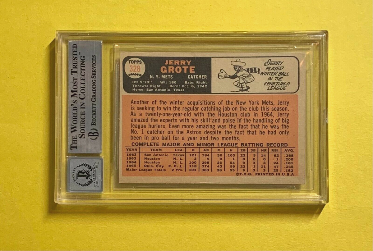 1966 TOPPS JERRY GROTE #328 SIGNED CARD BECKETT AUTH. AUTO 10 METS