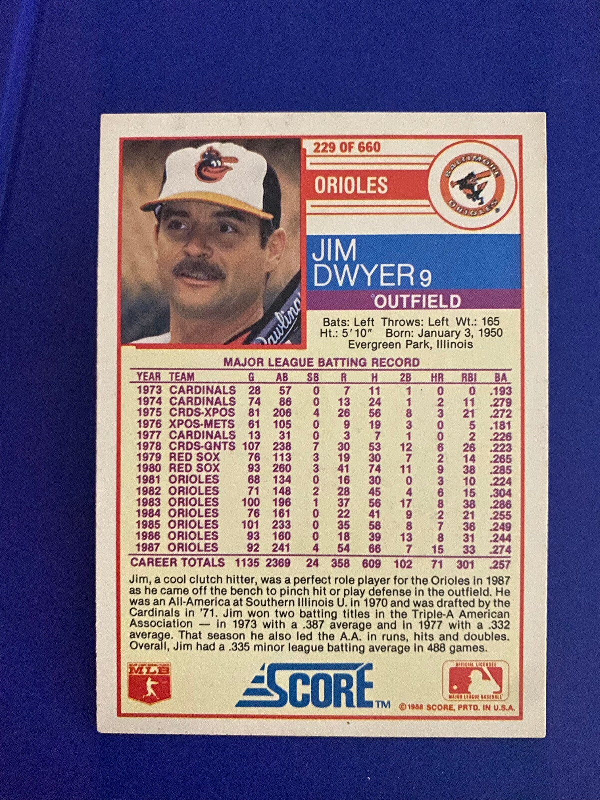 1988 SCORE JIM DWYER BALTIMORE ORIOLES SIGNED AUTOGRAPHED CARD #229 W/COA