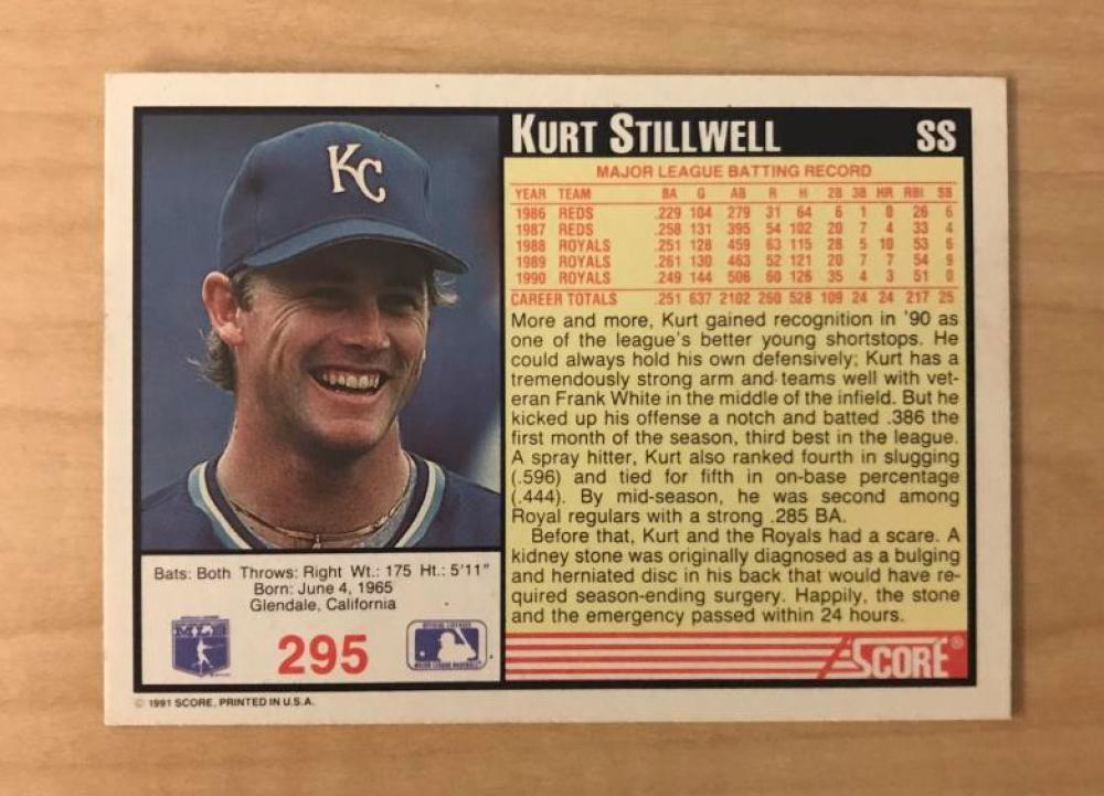 KURT STILLWELL KANSAS CITY ROYALS SIGNED AUTOGRAPHED 1991 SCORE CARD #295 W/COA 