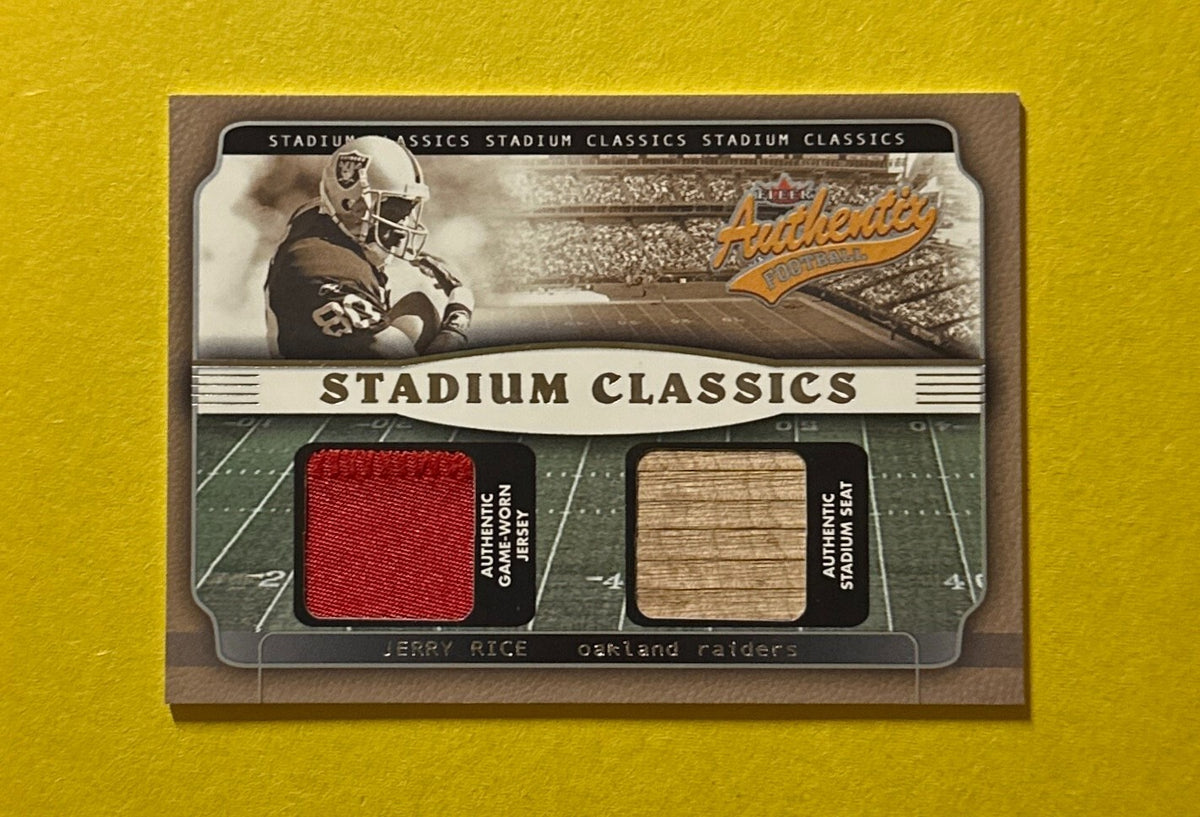 2002 FLEER STADIUM CLASSICS JERRY RICE DUAL RELIC #SC-JR RAIDERS HOF