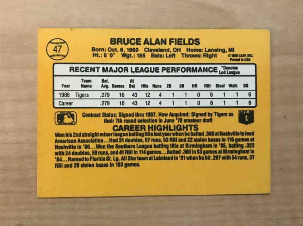 BRUCE FIELDS DETROIT TIGERS SIGNED AUTOGRAPHED 1987 DONRUSS CARD #47 W/COA 