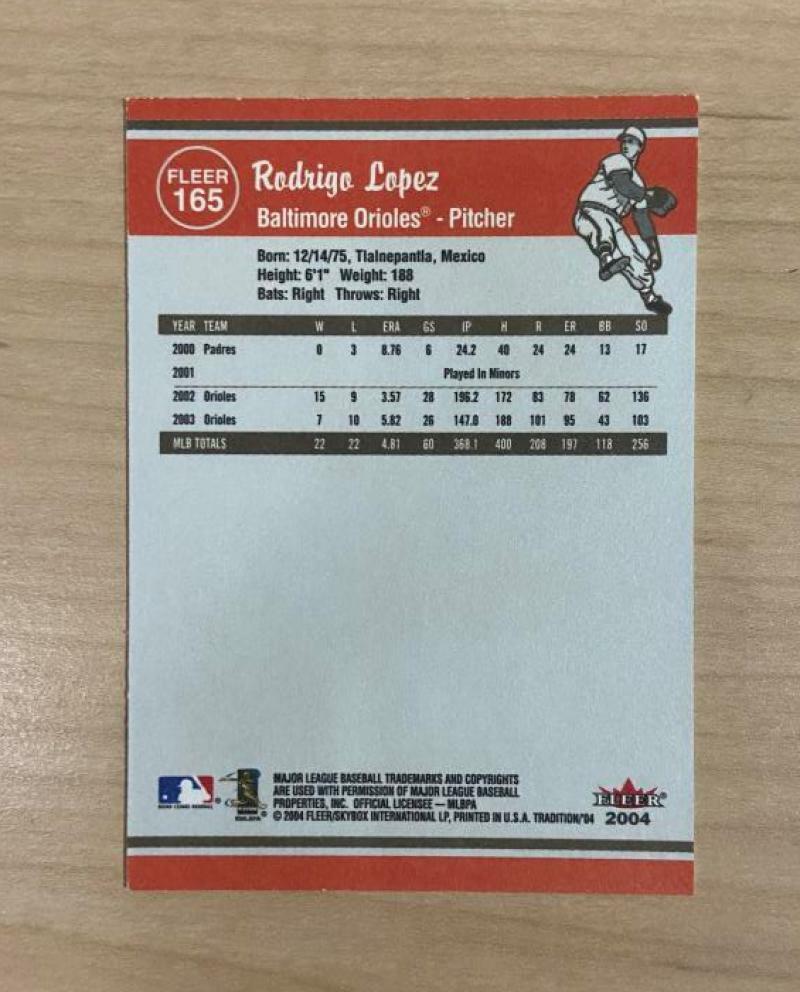 RODRIGO LOPEZ BALTIMORE ORIOLES SIGNED 2004 FLEER TRADITION CARD #165 W/COA