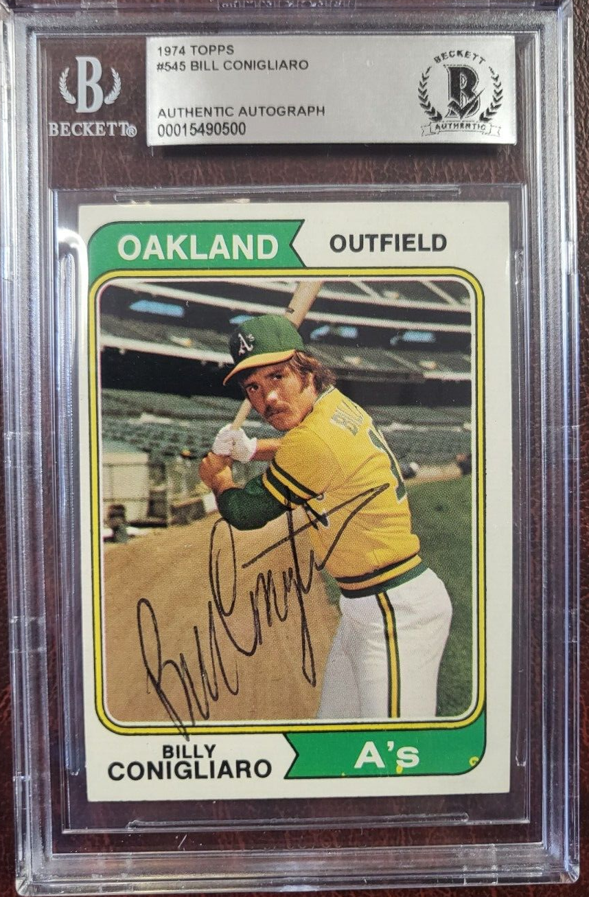 1974 TOPPS BILLY CONIGLIARO A'S SIGNED AUTOGRAPH #545 BASEBALL CARD BECKETT
