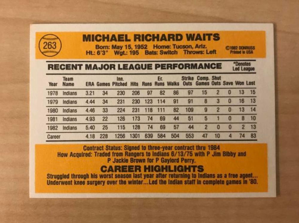 RICK WAITS CLEVELAND INDIANS SIGNED AUTOGRAPHED 1983 DONRUSS CARD #263 W/COA 