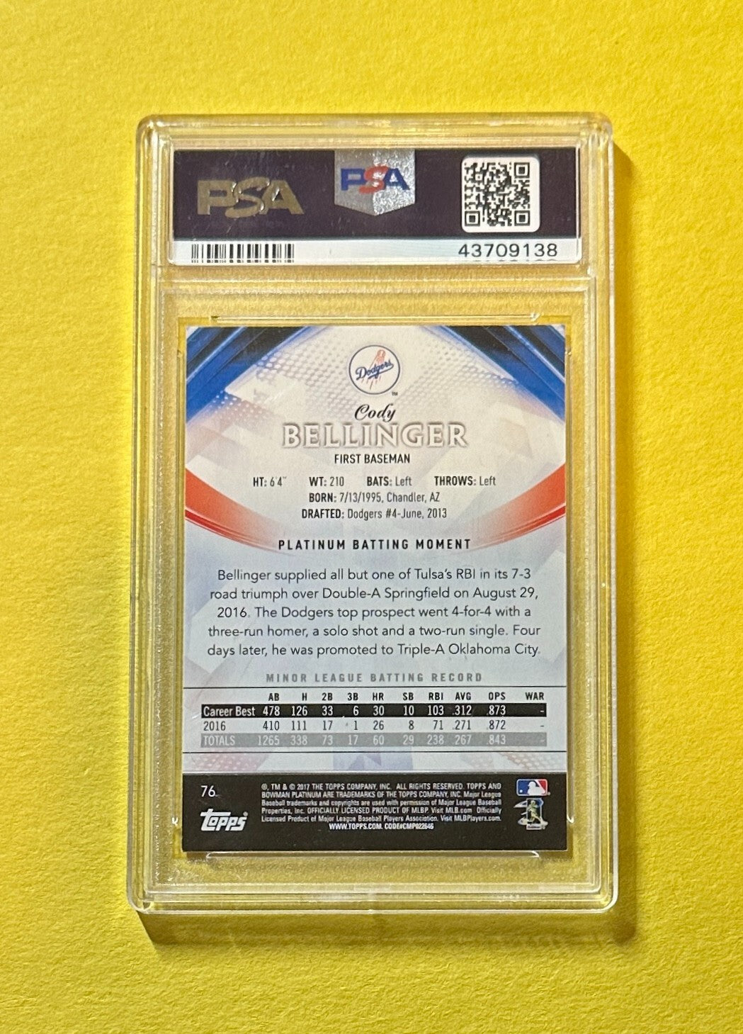 2017 BOWMAN PLATINUM CODY BELLINGER ICE #76 PSA NM-MT 8 ROOKIE DODGERS
