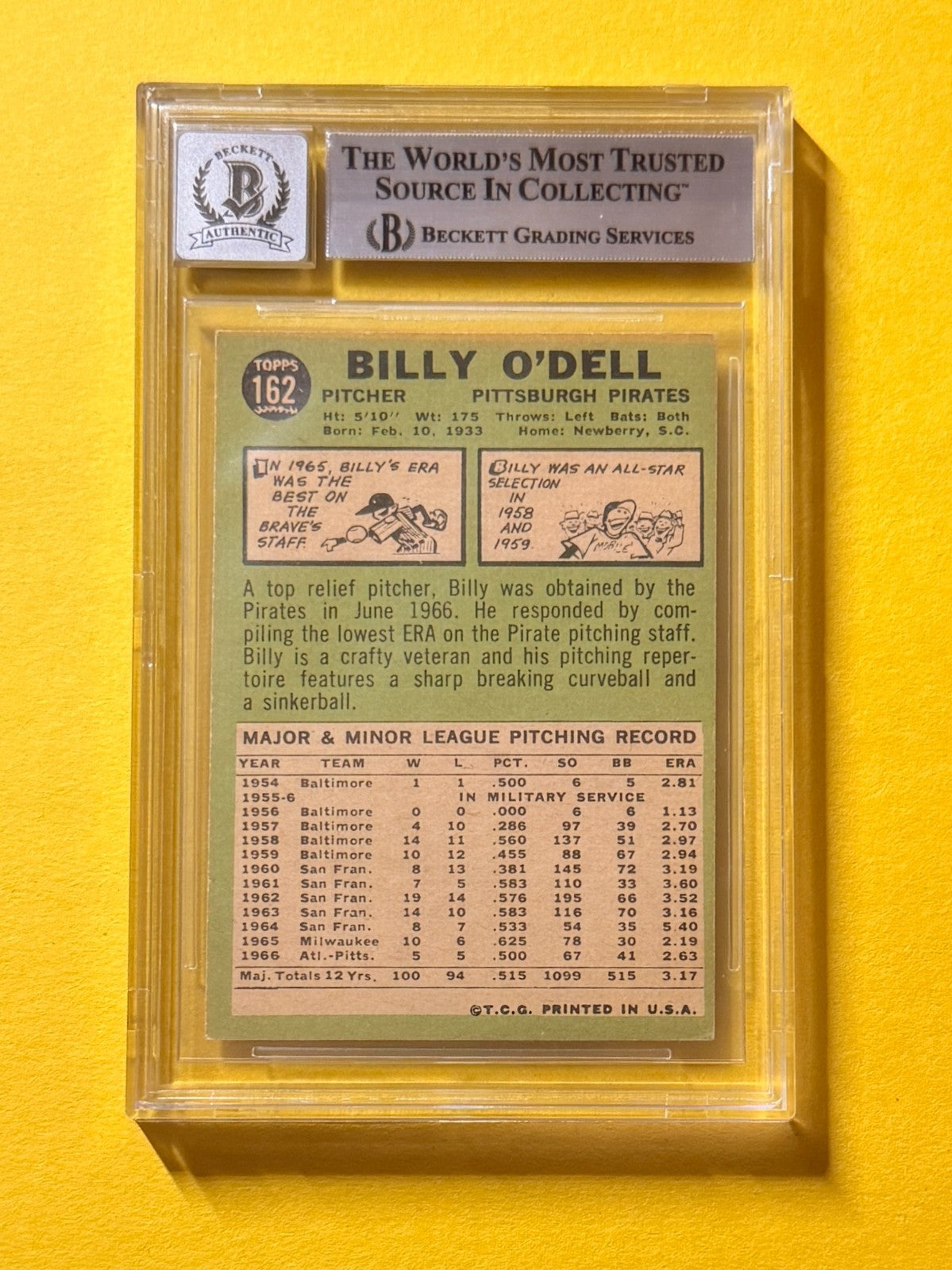 1967 TOPPS BILLY O'DELL #162 SIGNED AUTO CARD BECKETT 10 AUTHENTIC PIRATES