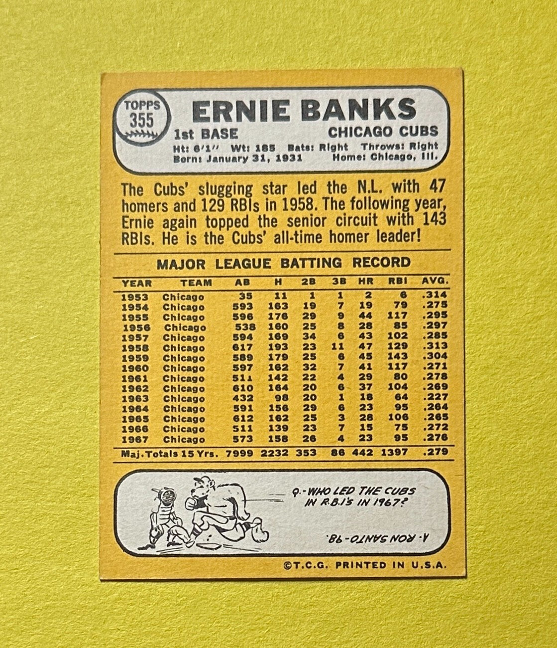 1968 TOPPS ERNIE BANKS #355 CUBS HOF