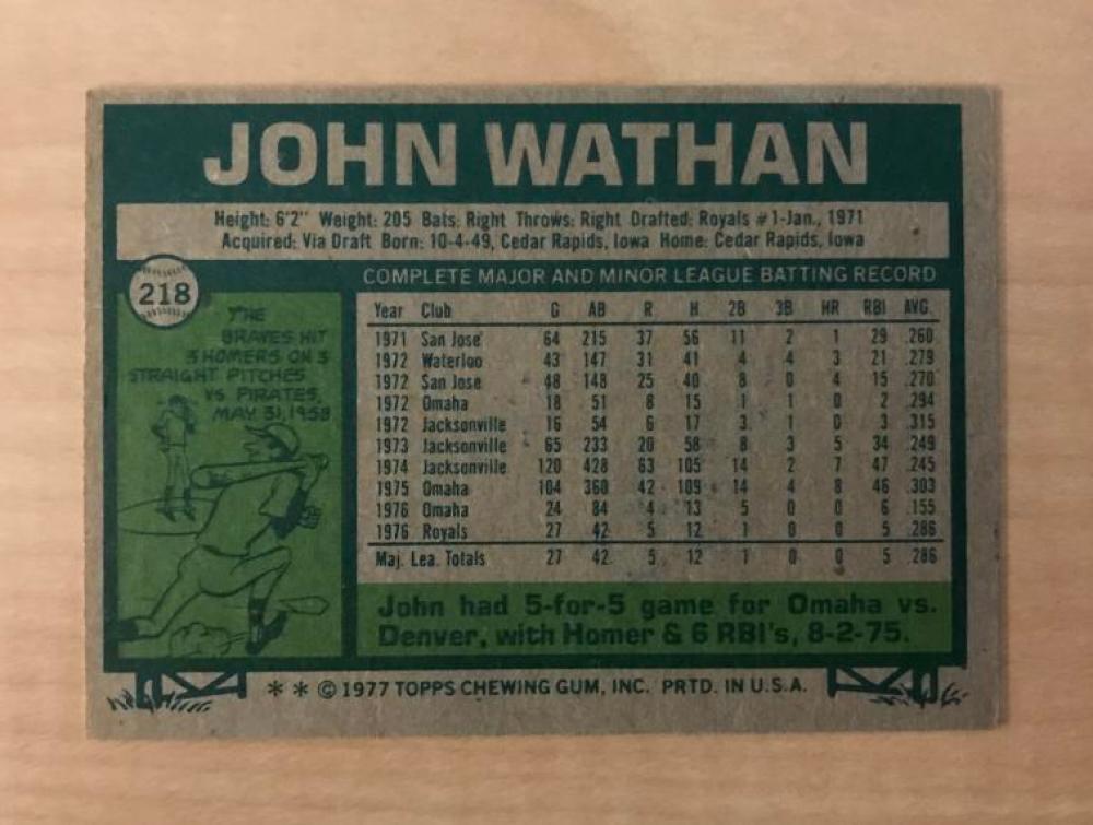 JOHN WATHAN KANSAS CITY ROYALS SIGNED AUTOGRAPHED 1977 TOPPS CARD #218 W/COA