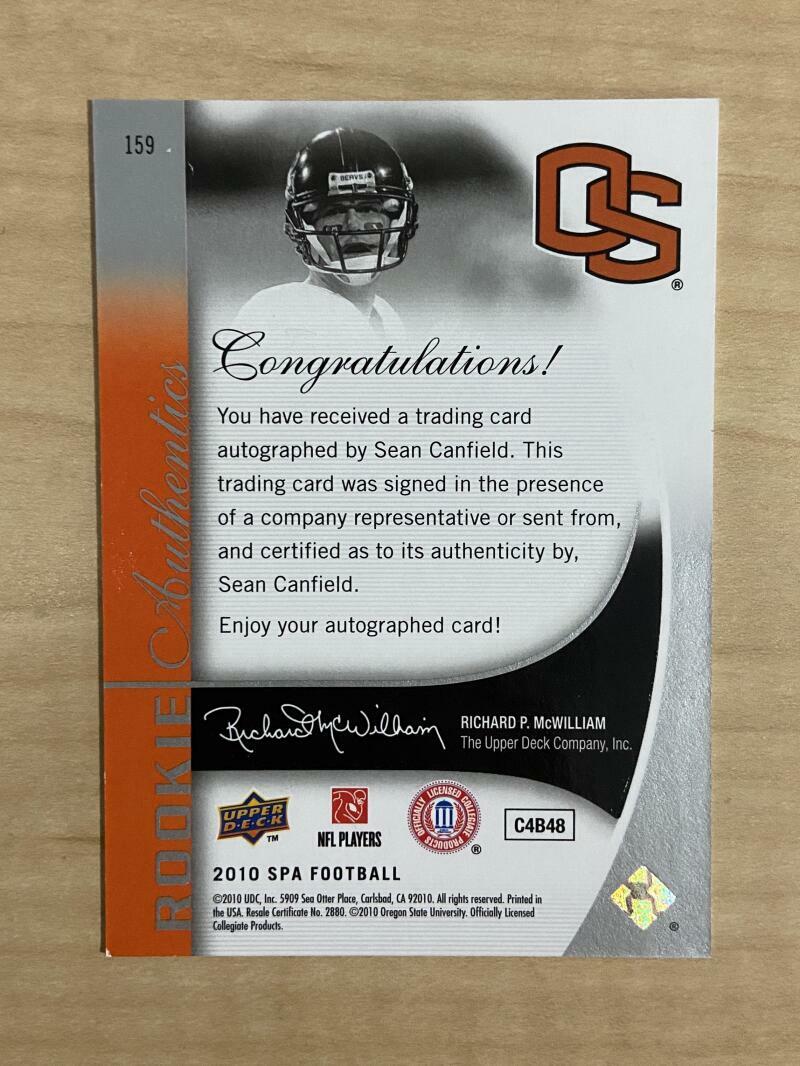 SEAN CANFIELD OREGON STATE SIGNED AUTOGRAPHED 2010 UPPER DECK SP CARD #159 W/COA