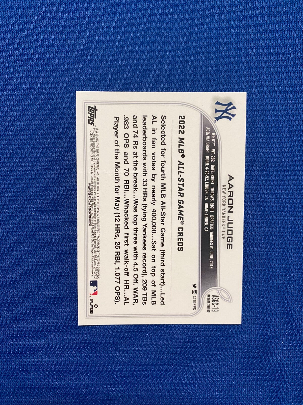 2022 TOPPS CHROME UPDATE AARON JUDGE NEW YORK YANKEES #ASGC-19 REFRACTOR