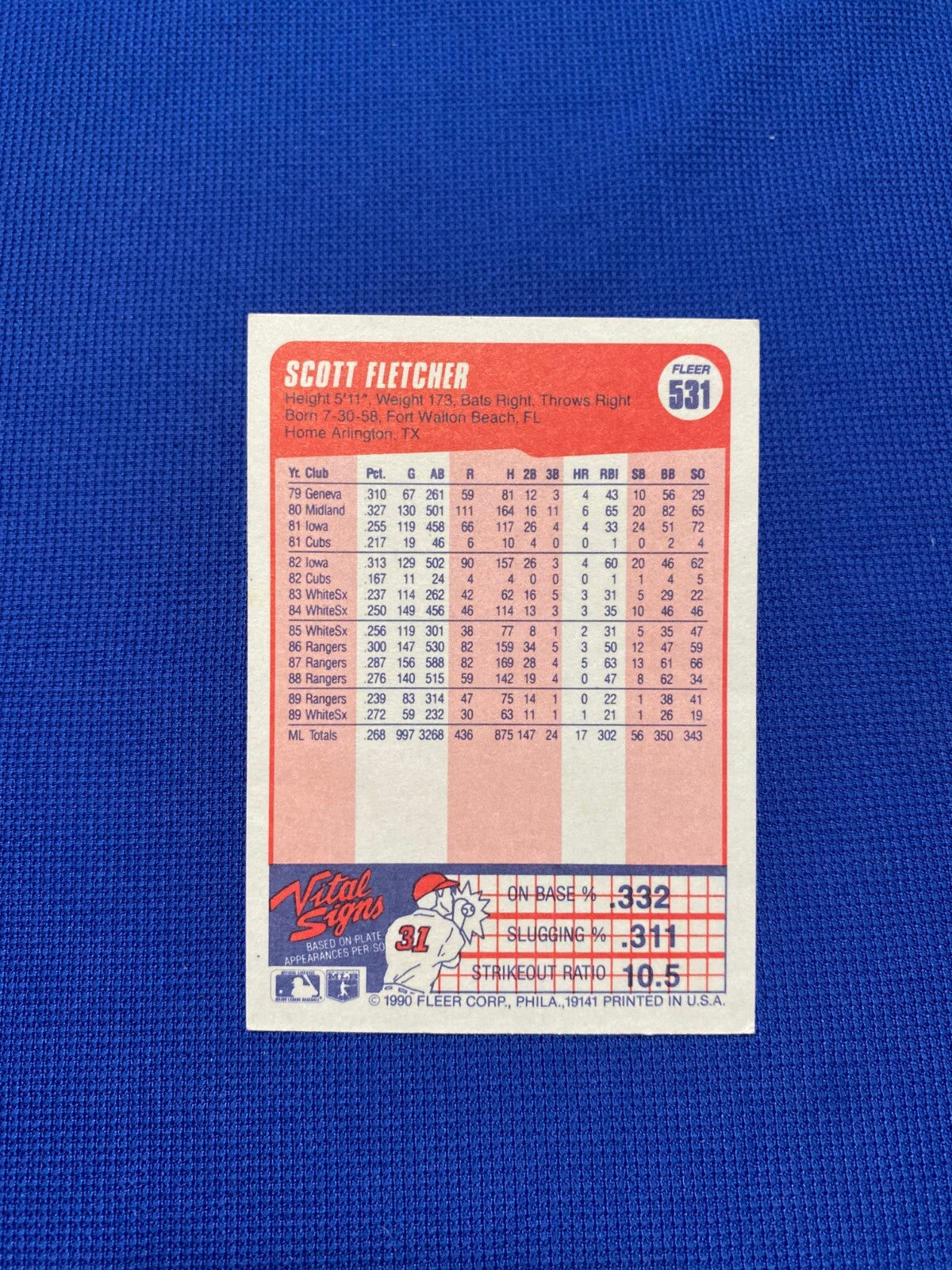 1990 FLEER SCOTT FLETCHER CHICAGO WHTIE SOX SIGNED AUTOGRAPHED CARD #531 W/COA