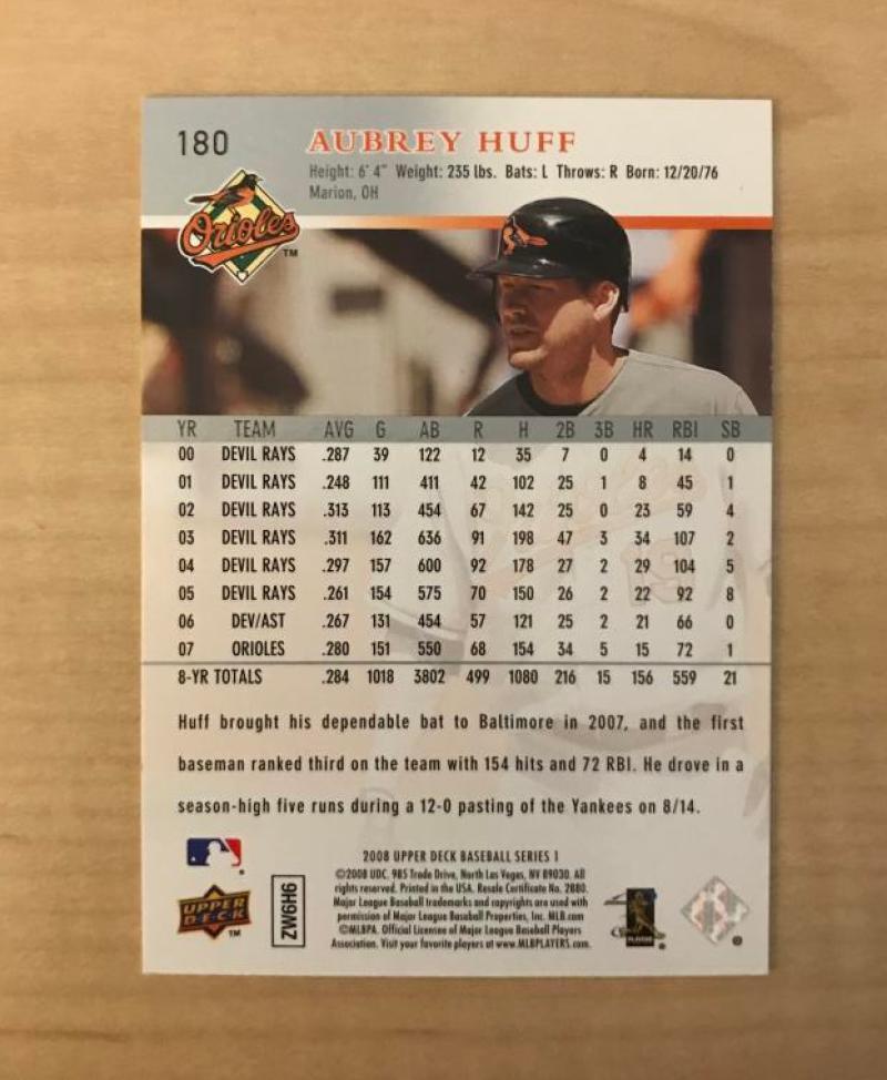 AUBREY HUFF BALTIMORE ORIOLES SIGNED AUTOGRAPHED 2008 UPPER DECK CARD #180 W/COA