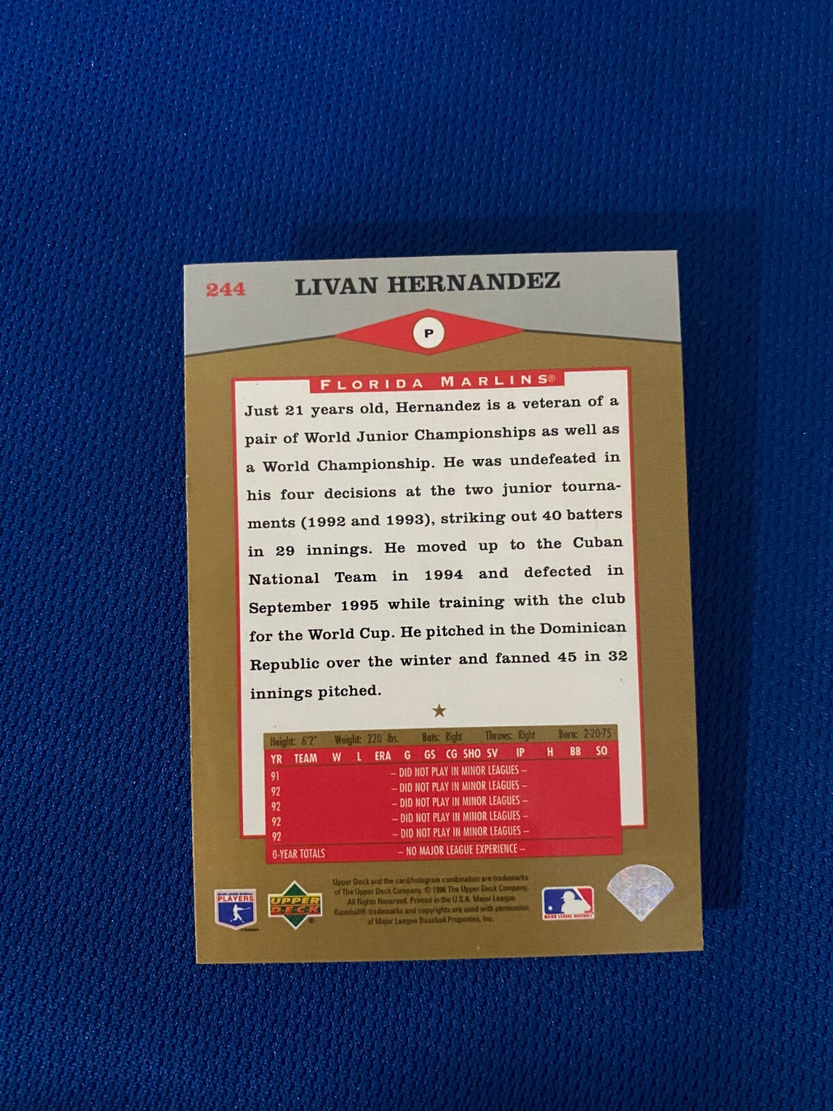 1996 UPPER DECK LIVAN HERNANDEZ MARLINS RC AUTOGRAPH SIGNED CARD #244 W/COA **