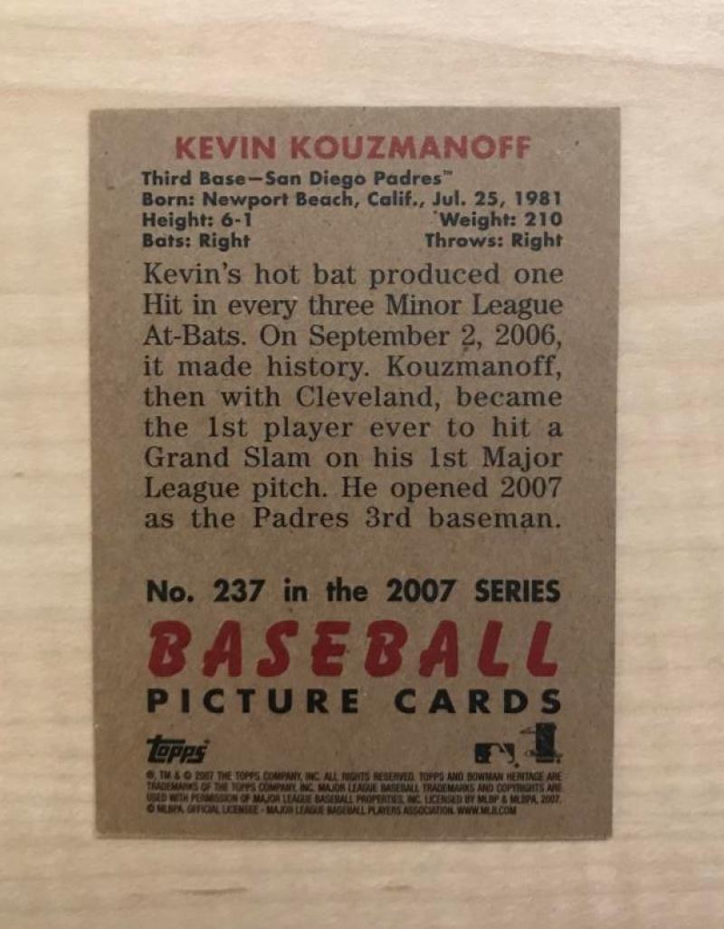 KEVIN KOUZMANOFF SAN DIEGO PADRES SIGNED 2007 BOWMAN HERITAGE CARD #237 W/COA