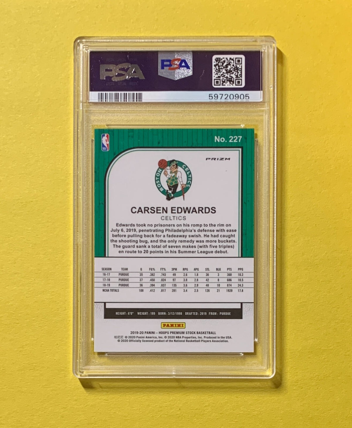 2019 PANINI HOOPS PREMIUM CARSEN EDWARDS FLASH #227 PSA GEM MT 10 CELTICS ROOKIE