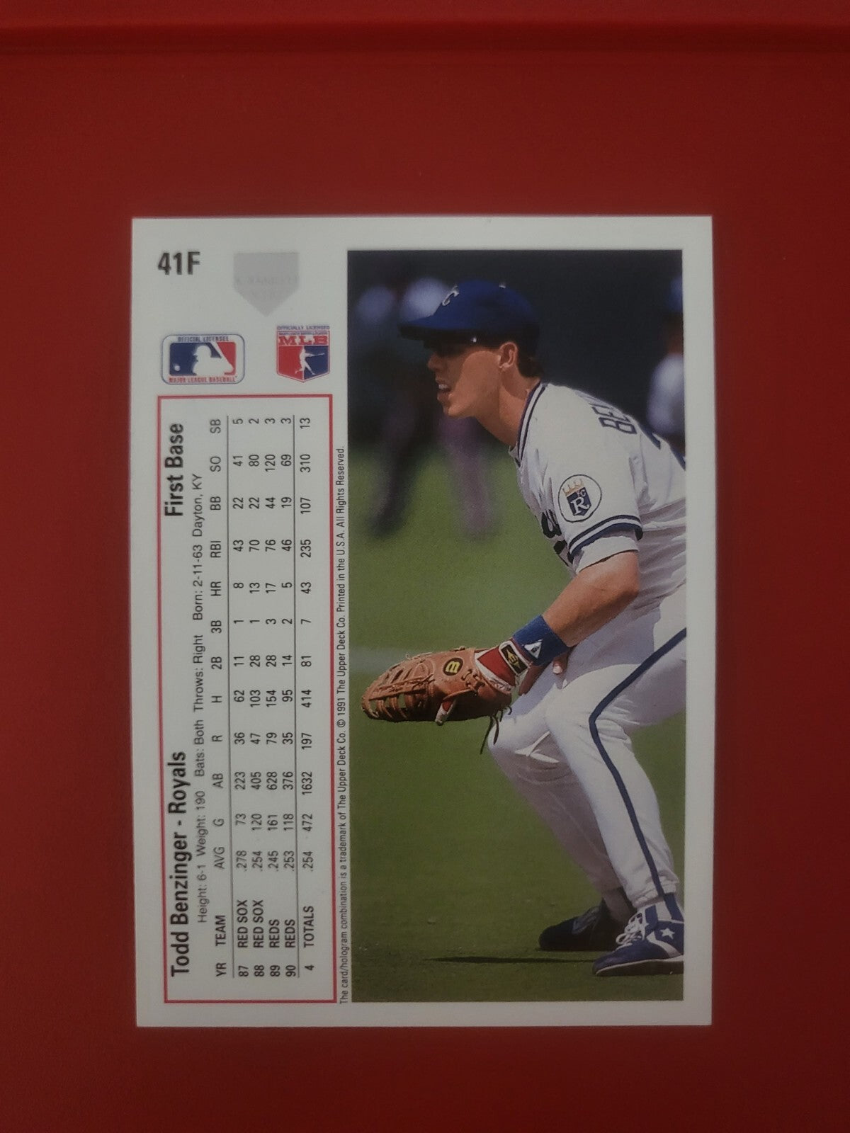 1991 UPPER DECK TODD BENZINGER KANSAS CITY ROYALS SIGNED AUTOGRAPHED CARD #41F