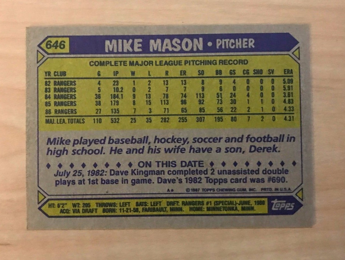 MIKE MASON TEXAS RANGERS SIGNED AUTOGRAPHED 1987 TOPPS #646 W/COA