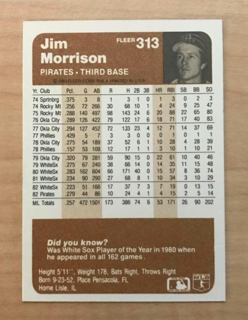 JIM MORRISON PITTSBURGH PIRATES SIGNED AUTOGRAPHED 1983 FLEER CARD #313 W/COA 