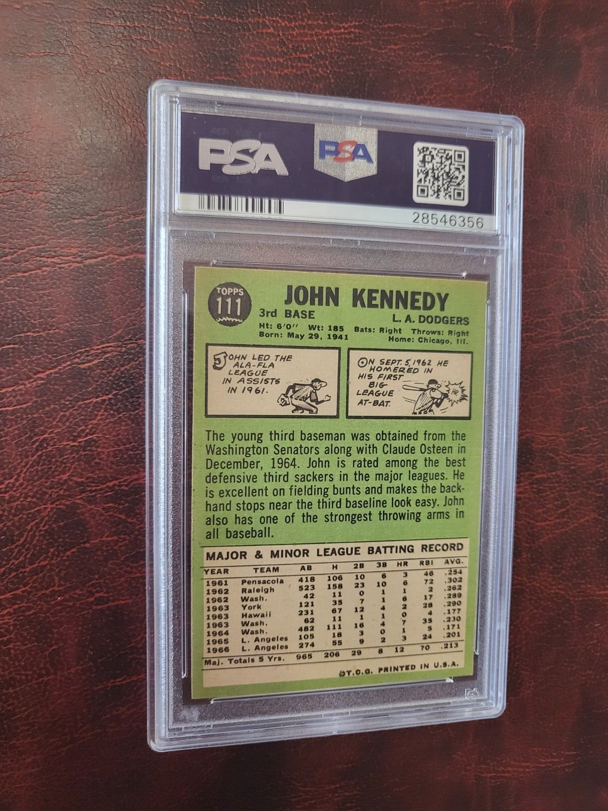 1967 TOPPS JOHN KENNEDY LA DODGERS BASEBALL CARD #111 PSA 5 EX