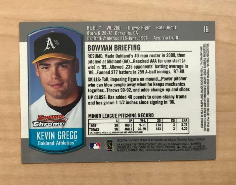 KEVIN GREG OAKLAND ATHLETICS SIGNED AUTOGRAPHED 2000 BOWMAN CHROME CARD#19 W/COA