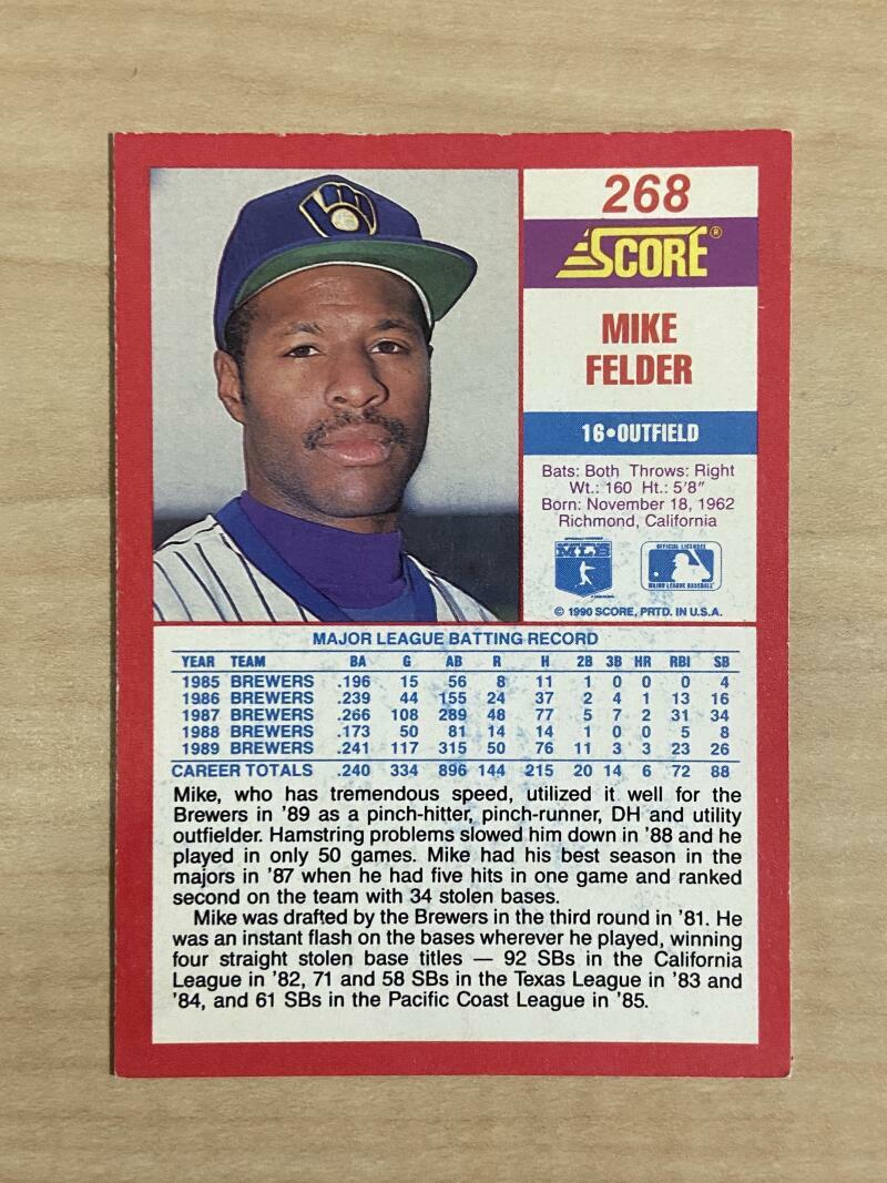 MIKE FELDER MILWAUKEE BREWERS SIGNED AUTOGRAPHED 1990 SCORE CARD #268 W/COA