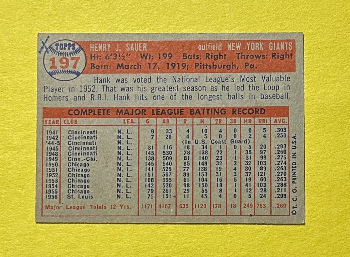 1957 TOPPS HANK SAUER #197 GIANTS