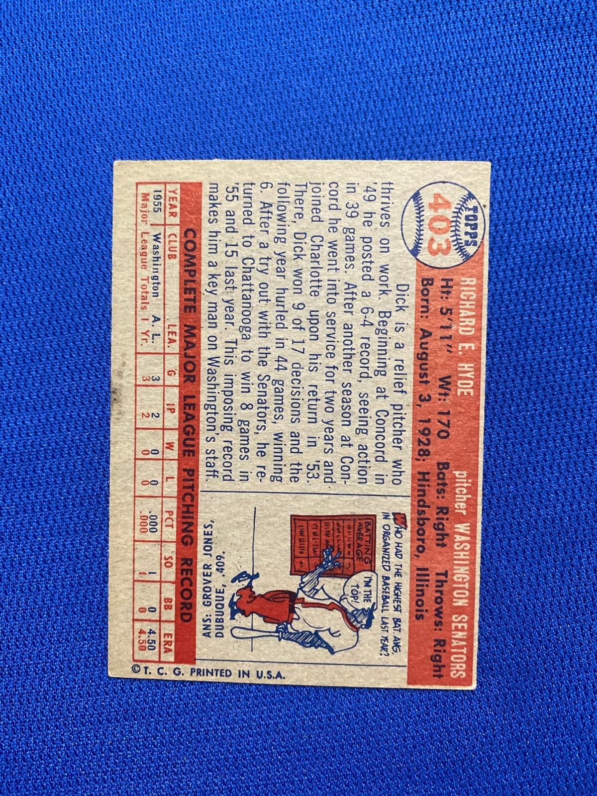1957 TOPPS DICK HYDE WASHINGTON SENATORS #403 CARD VINTAGE SET-BREAK