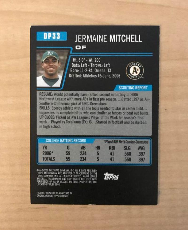 JERMAINE MITCHELL OAKLAND ATHELTICS SIGNED 2006 BOWMAN CARD #DP33 W/COA