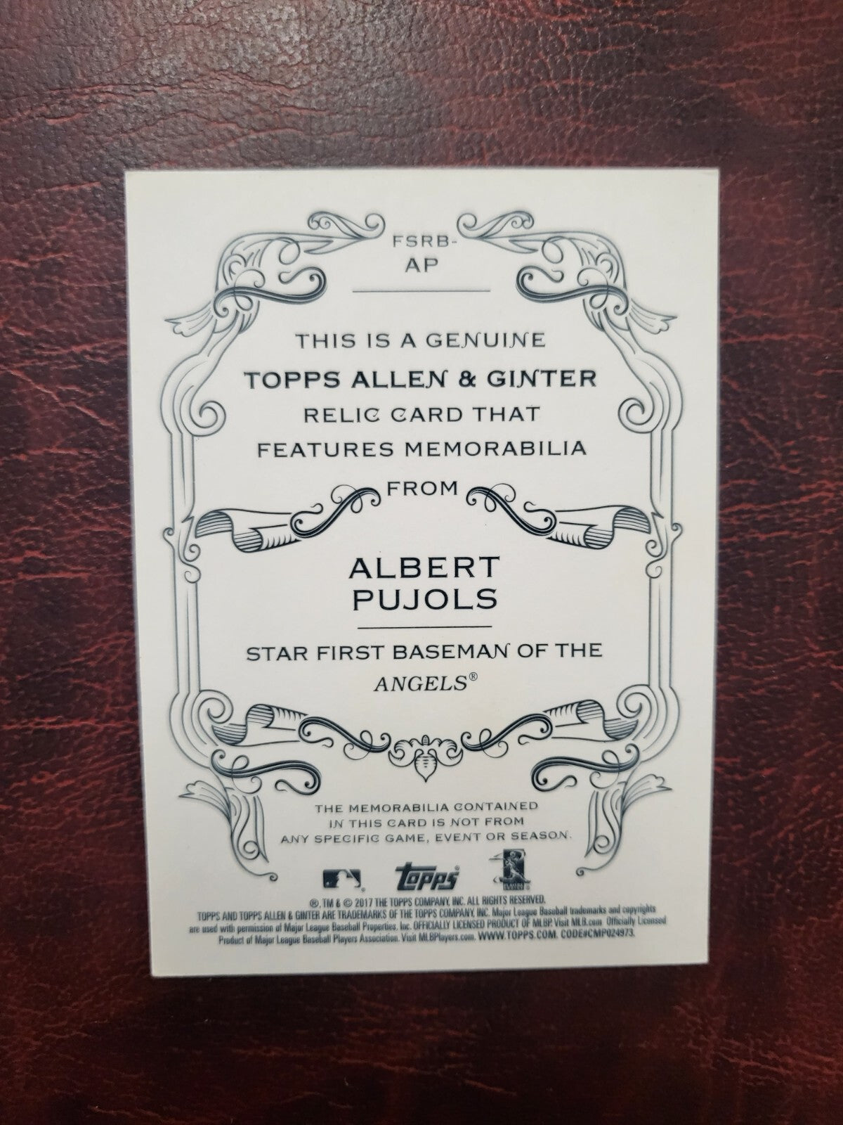 2017 TOPPS ALLEN & GINTER ALBERT PUJOLS CARDINALS BAT RELIC BASEBALL CARD
