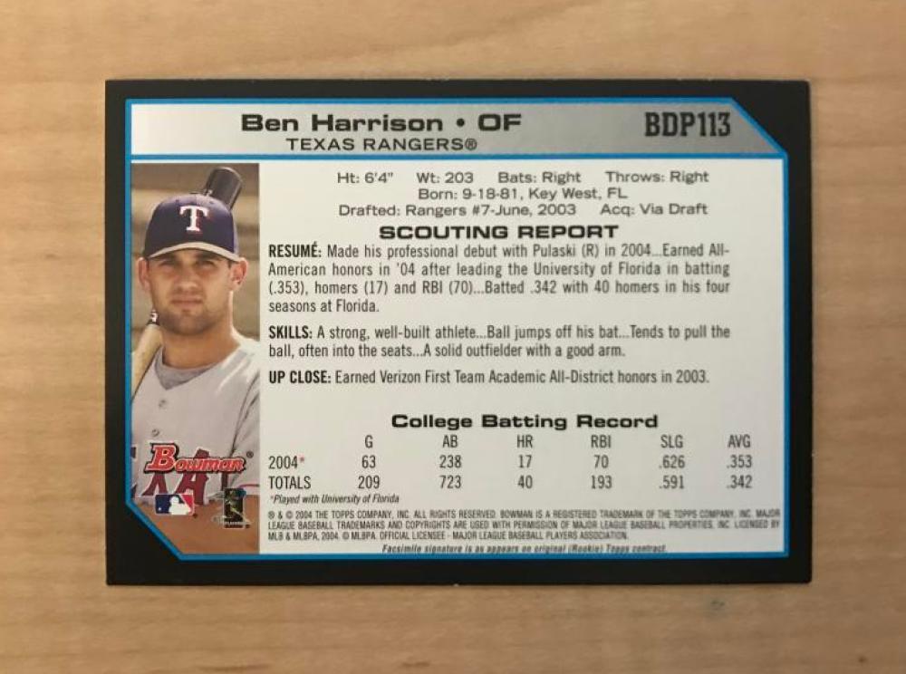 BEN HARRISON TEXAS RANGERS SIGNED AUTOGRAPHED 2004 BOWMAN CARD #BDP113 W/COA