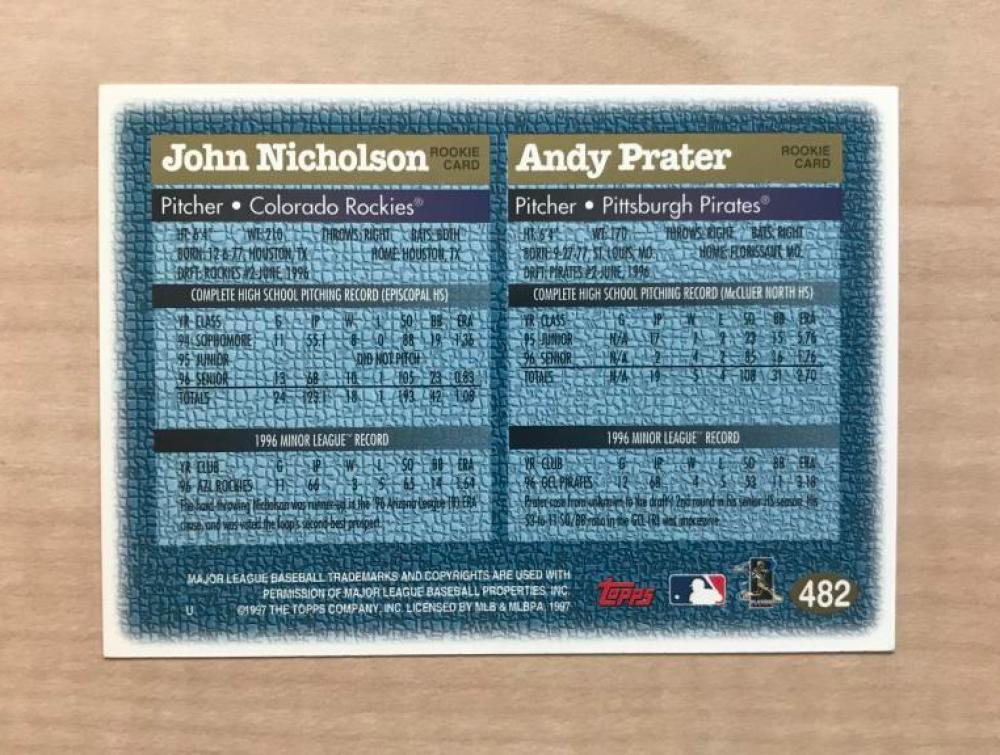 JOHN NICHOLSON COLORADO ROCKIES SIGNED AUTOGRAPHED 1997 TOPPS CARD #482 W/COA