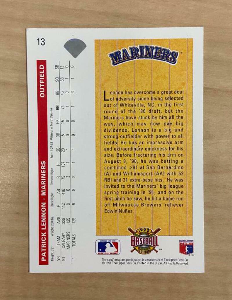 PATRICK LENNON SEATTLE MARINERS SIGNED AUTOGRAPHED 1992 UPPER DECK CARD#13 W/COA