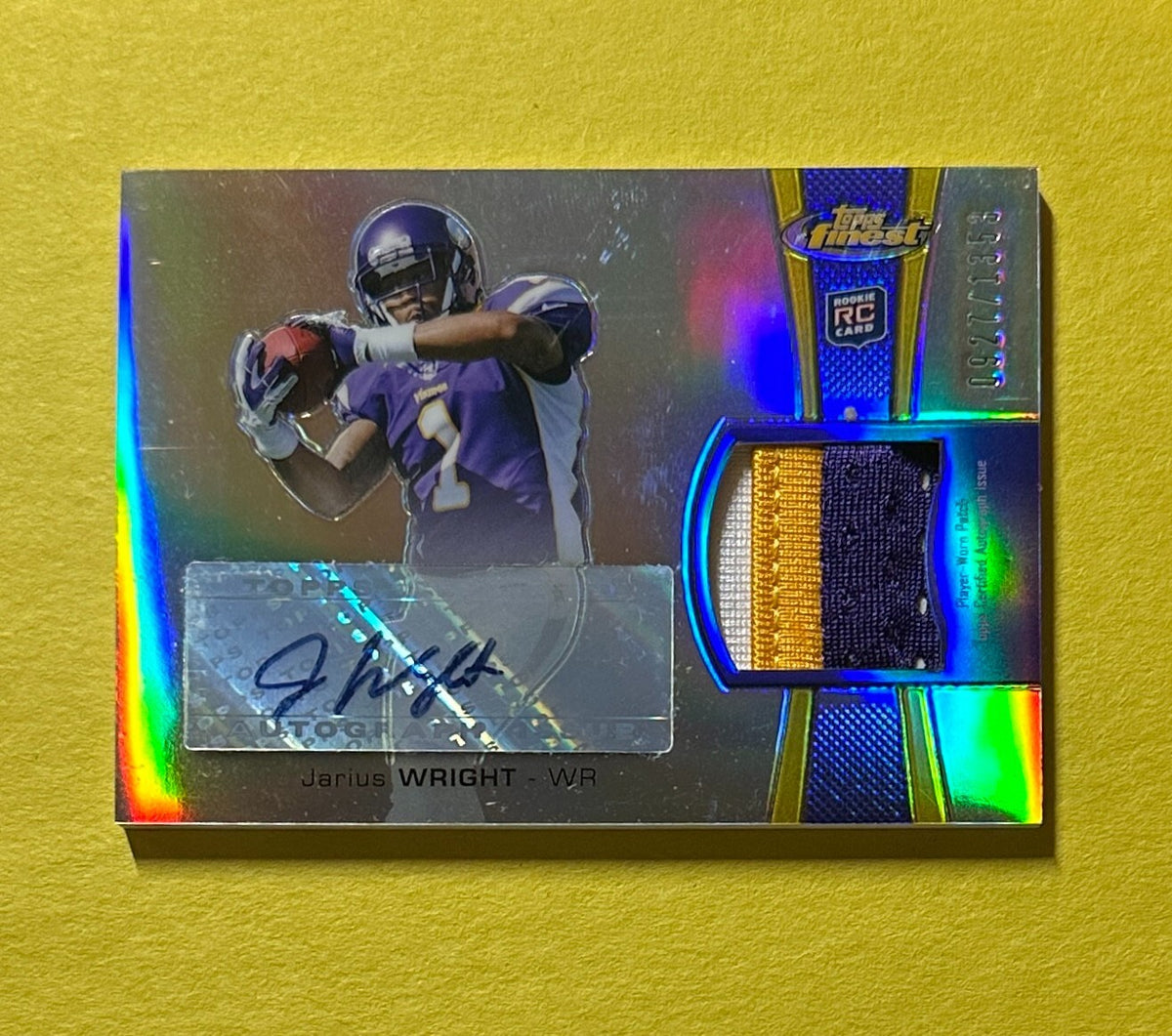2012 TOPPS FINEST JARIUS WRIGHT ROOKIE PATCH AUTO /1353 #RAP-JW VIKINGS