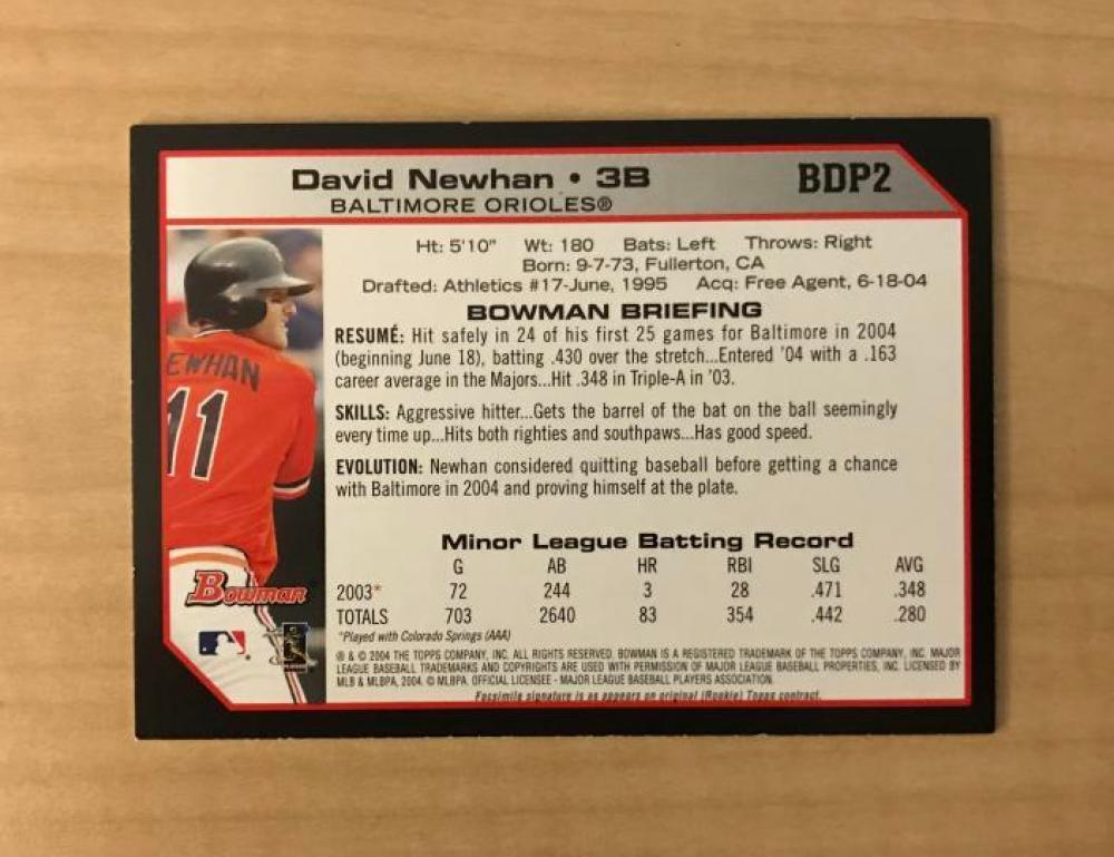 DAVID NEWHAN BALTIMORE ORIOLES SIGNED AUTOGRAPHED 2004 BOWMAN CARD #BDP2 W/COA