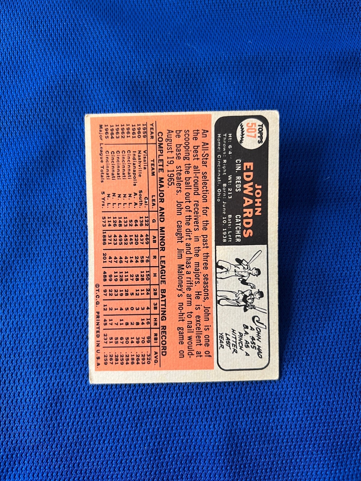 VINTAGE 1966 TOPPS JOHN EDWARDS CINCINNATI REDS CARD #507