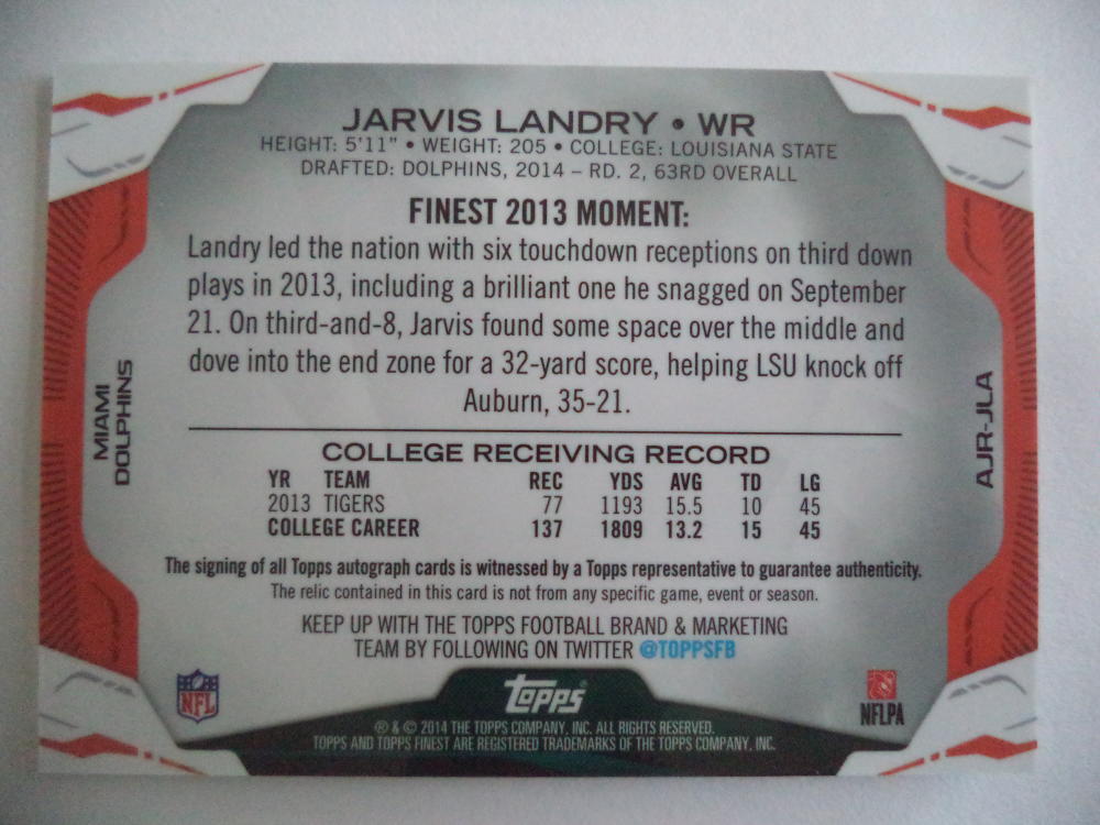 JARVIS LANDRY 2014 TOPPS FINEST ROOKIE AUTO/PATCH MIAMI DOLPHINS AUTOGRAPHED A