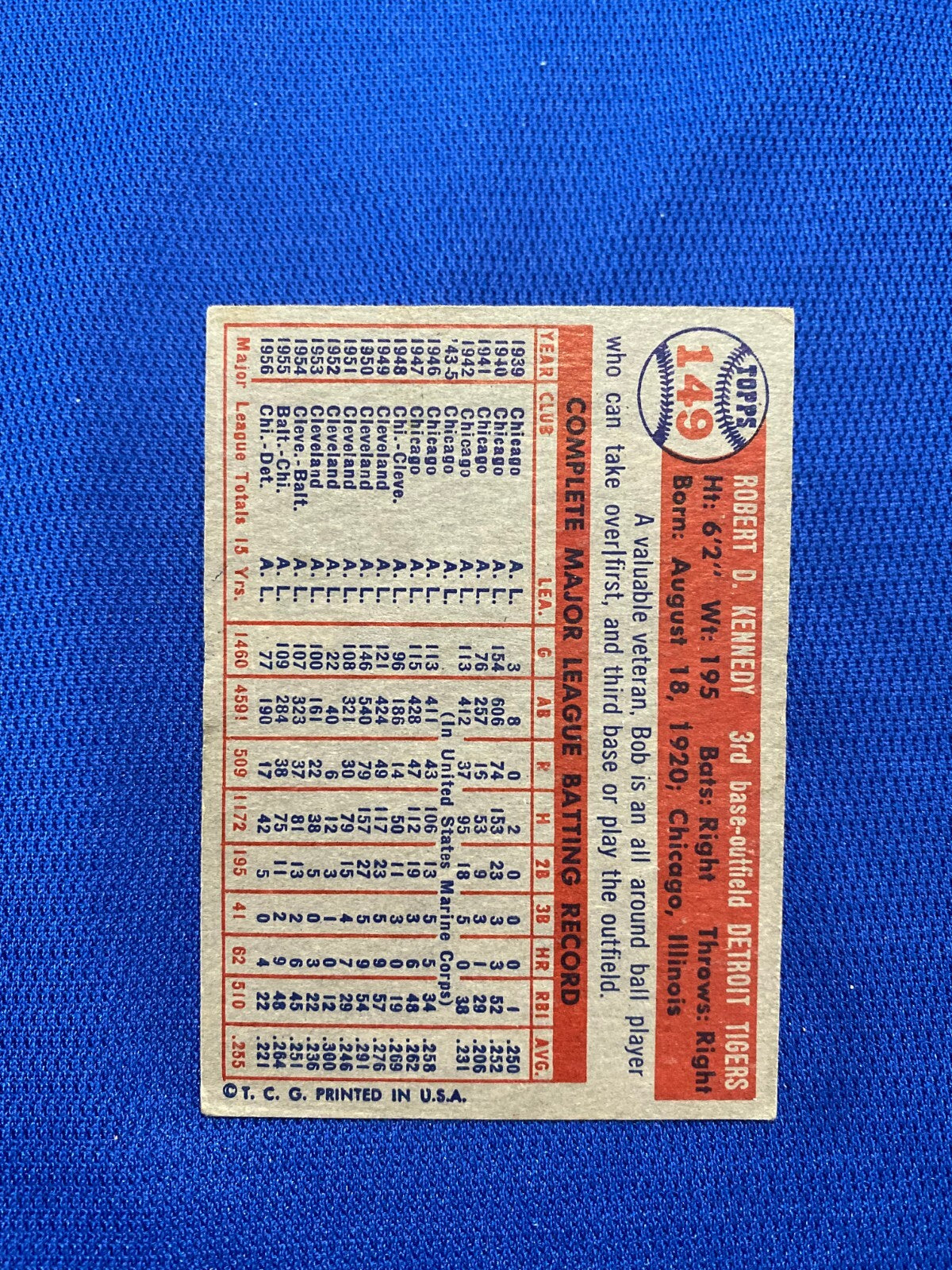 1957 TOPPS BOB KENNEDY DETROIT TIGERS #149 CARD VINTAGE SET-BREAK