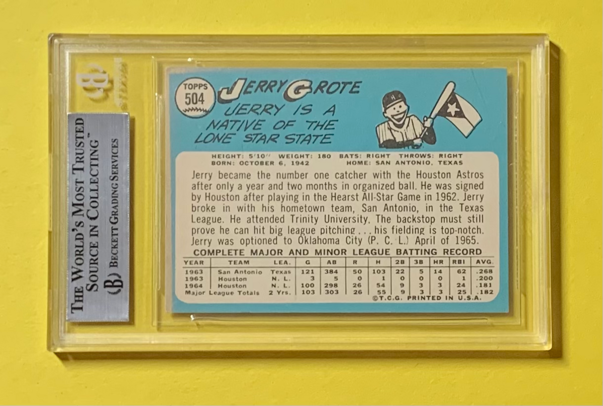 1965 TOPPS JERRY GROTE #504 AUTHENTIC AUTO BECKETT CERTIFIED ASTROS
