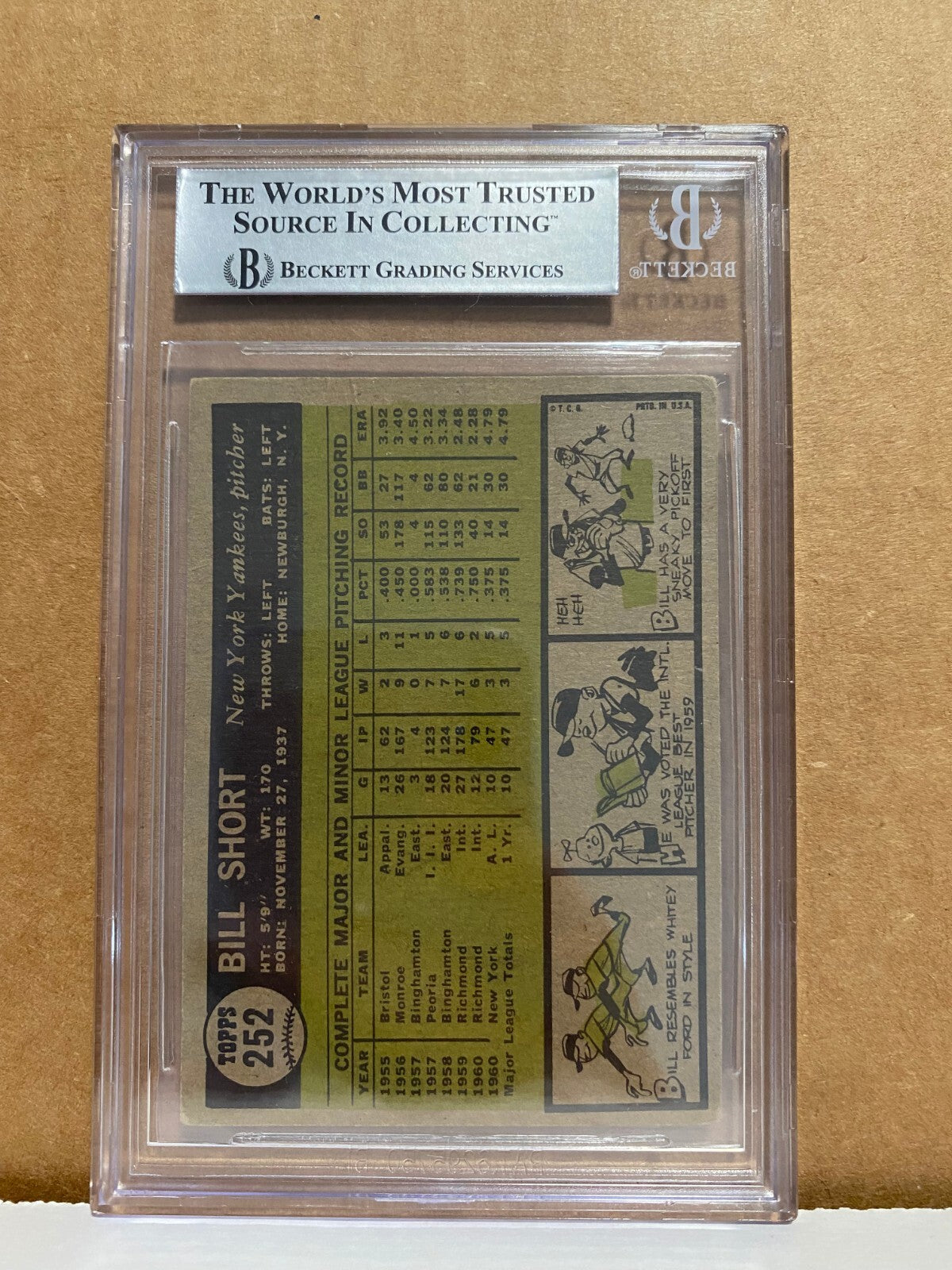1961 TOPPS BILL SHORT NEW YORK YANKEES SIGNED AUTOGRAPHED #252 CARD BECKETT