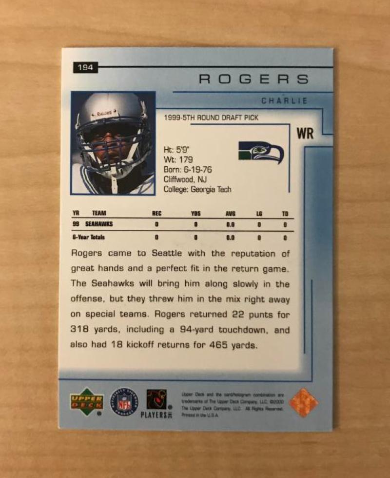 CHARLIE ROGERS SEATTLE SEAHAWKS AUTOGRAPHED 2000 UPPER DECK CARD #194 W/COA