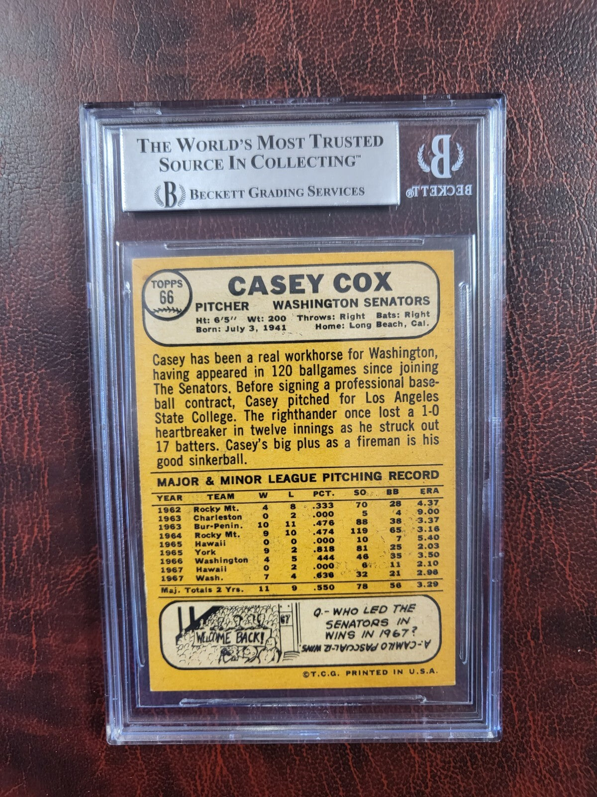 1968 TOPPS CASEY COX SENATORS SIGNED AUTOGRAPH #66A CARD BECKETT AUTHENTIC